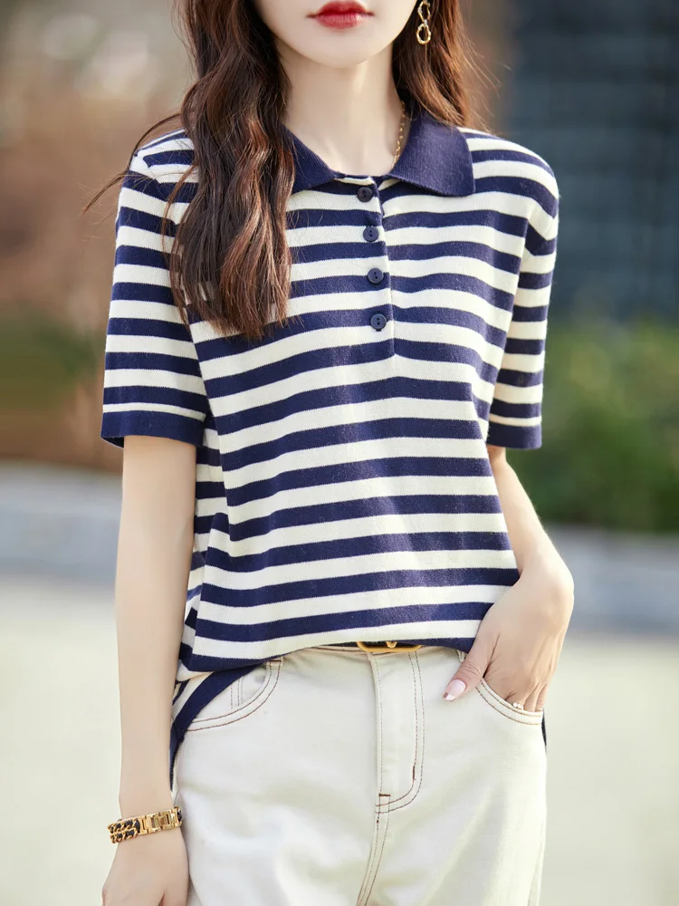 2024 New Style Summer 100% Cotton T-shirt Women Clothing POLO Neck Short Sleeve T-shirts Female Striped Casual Shirt Tops