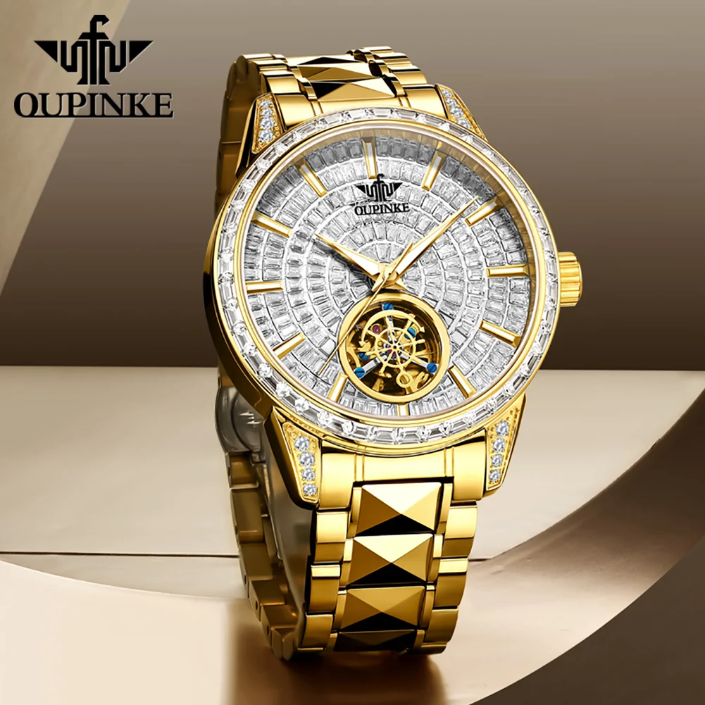 OUPINKE 3321 Full Diamond Skeleton Flywheel Automatic Mechancial Men's Watches High-end Luxury Tunsten Steel Waterproof Watches