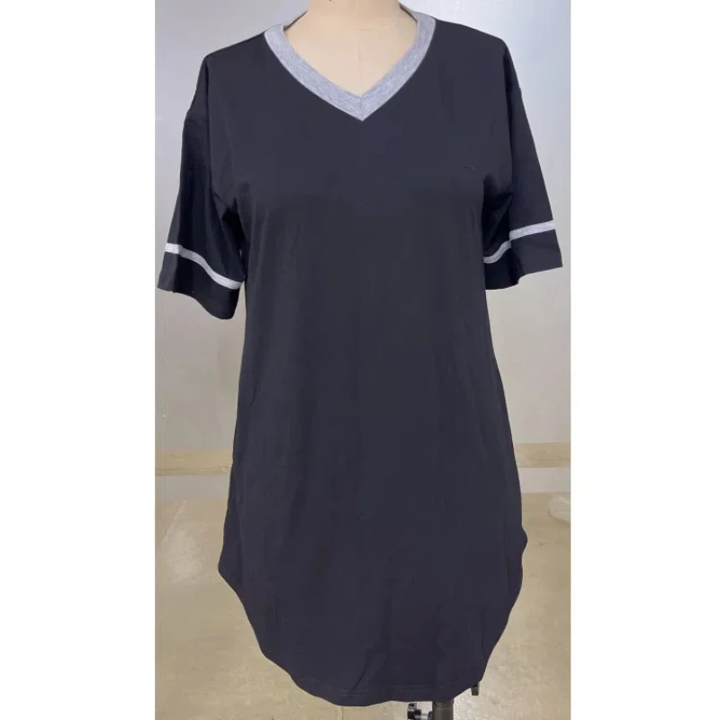 Spring and Summer Women's Home Wear Nightgown V-neck Contrasting Splicing Short Sleeved Home Casual Sleepwear Women's Sleepwear