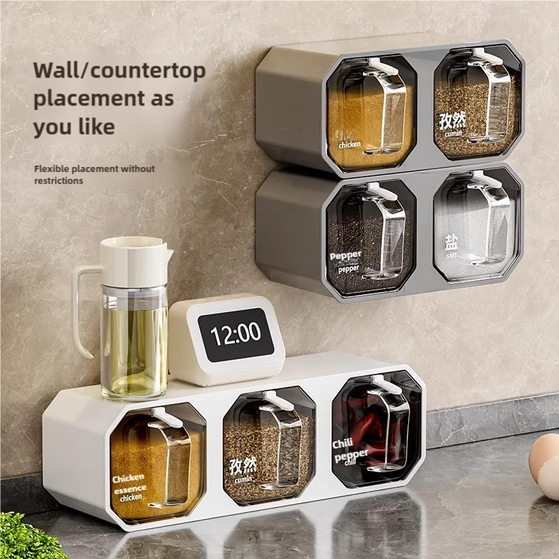 Wall-mounted Seasoning Box Spice Rack Jar Sugar Bowl Salt Shaker Seasoning Container Spice Boxes with Spoons Kitchen Organizer