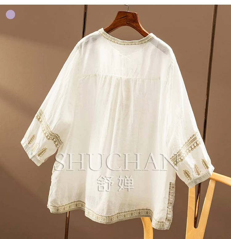 100% Ramie, French  Retro Ethnic Style Embroidery Loose Round Neck Seven-quarter Sleeve Shirt and Blouse Women