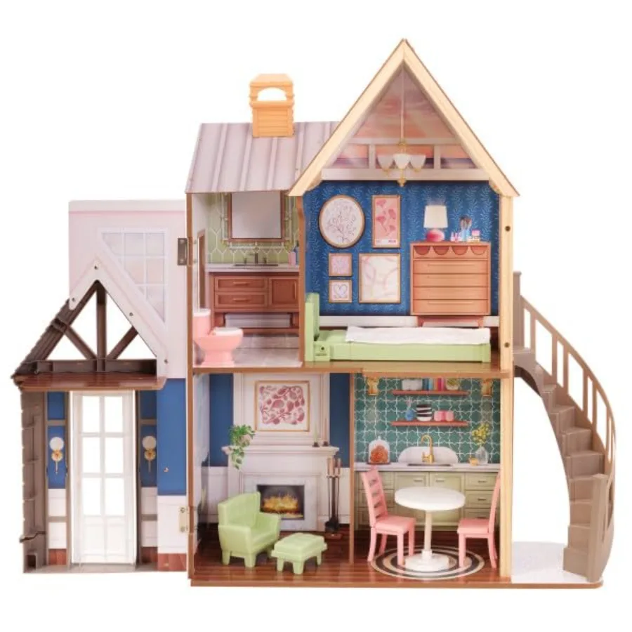 

Modern Charm Wooden Dollhouse with Open and Close Front and 7 Accessories