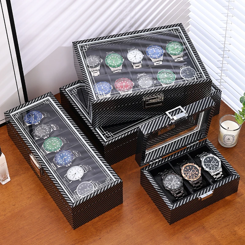Carbon Fiber Pattern Watch Storage Box With Transparent Window Multi‑Slot Wristwatch Display Case PU Leather Watch Organizer Gif