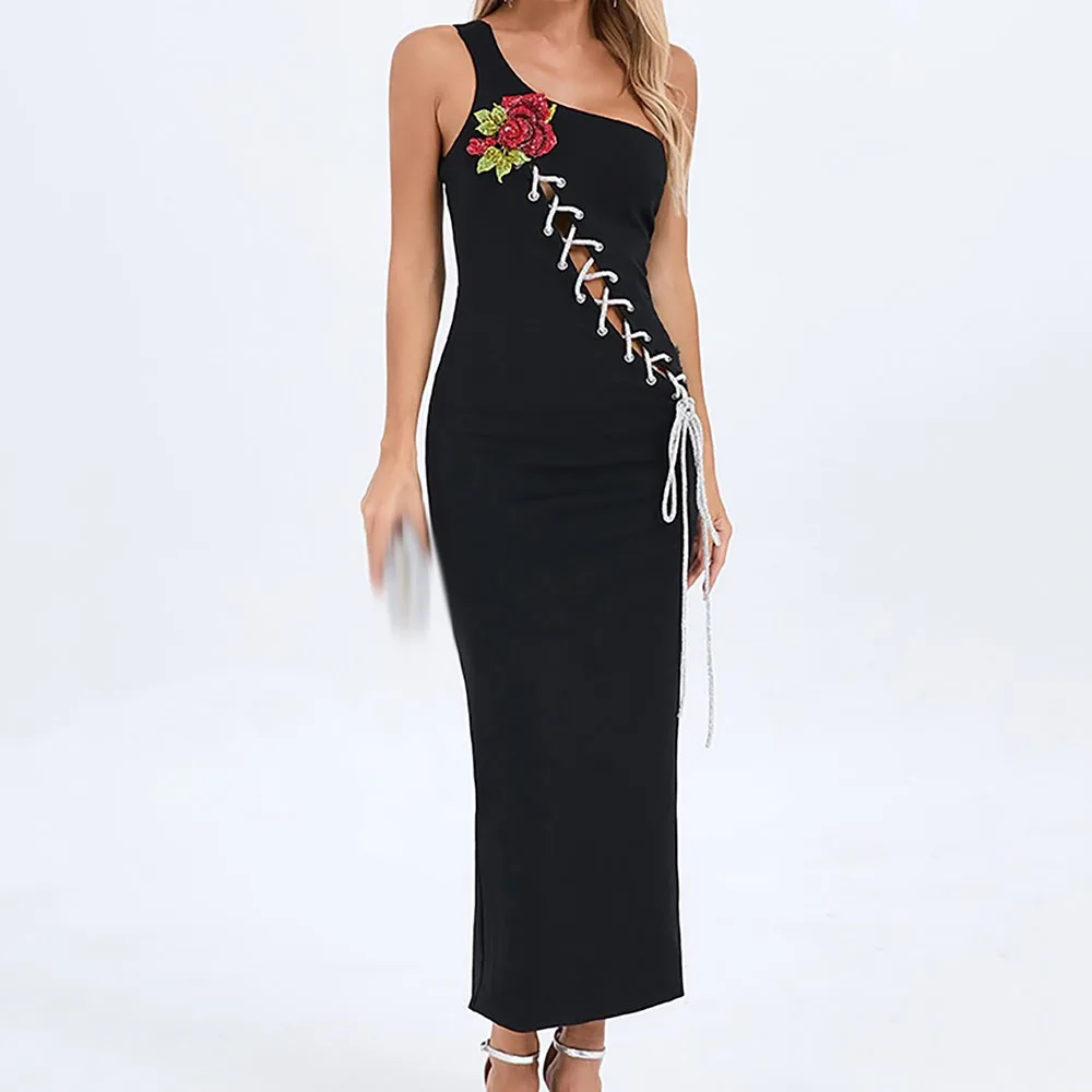 

Customized Straight Prom Dresses Tea-length One-Shoulder Sleeveless Evening Gown Simple Fashion Flowers Lace-Up Party Gown