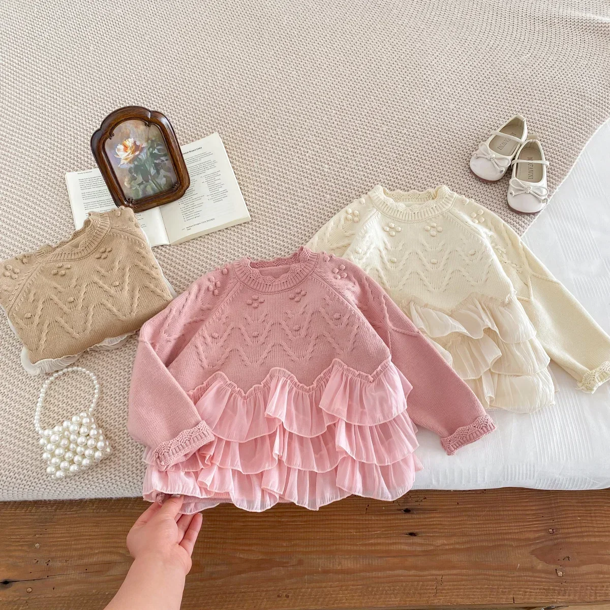 2023 Frühling Kinder Baby Mädchen Mode Top Pullover - Kinder Patchwork Geraffte Gestrickte Oberbekleidung, Kleinkind Prinzessin 2-7Y