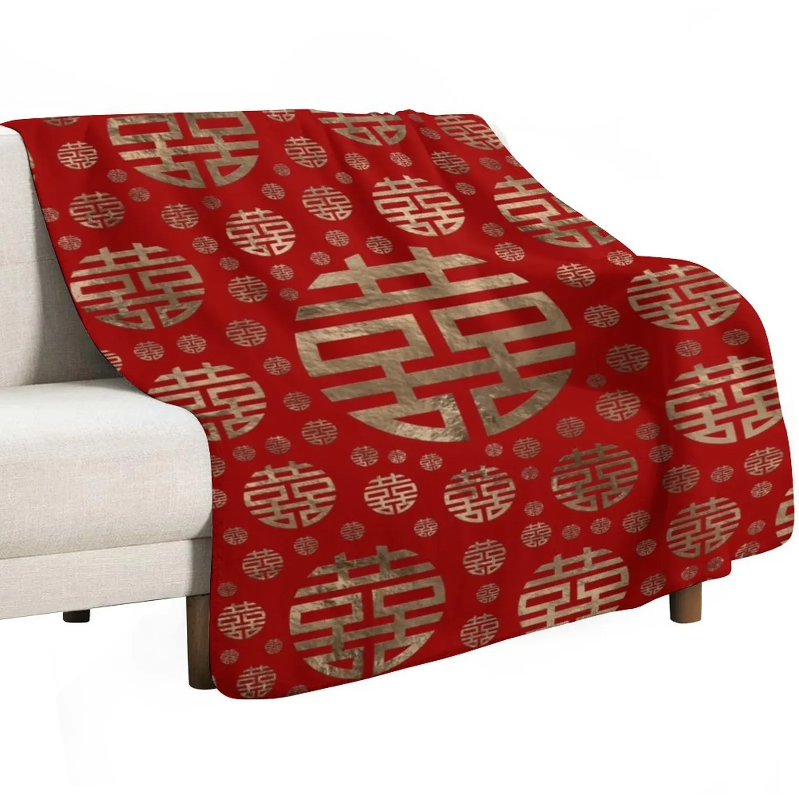 Double Happiness Symbol pattern - Gold on red Throw Blanket Thins Summer Cute Plaid Thin for winter Plaid Blankets