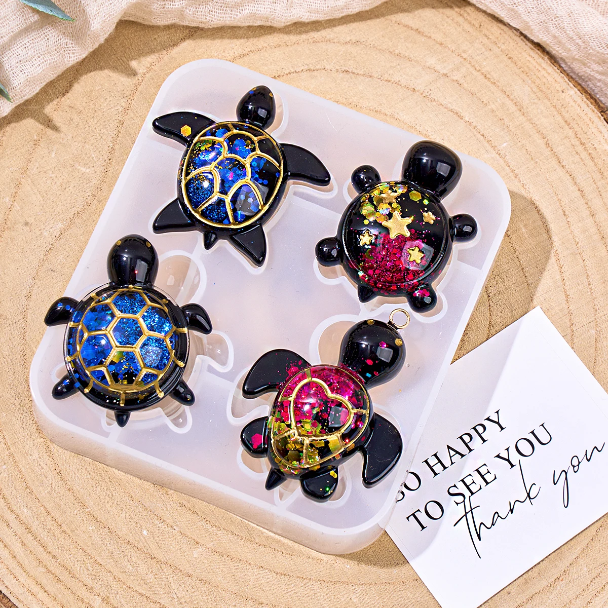4 Holes Turtle Resin Mold DIY Cute Sea Turtle Keychain Backpack Pendant Accessory Charm Silicone Mold 3D Animals Craft Gift Mold