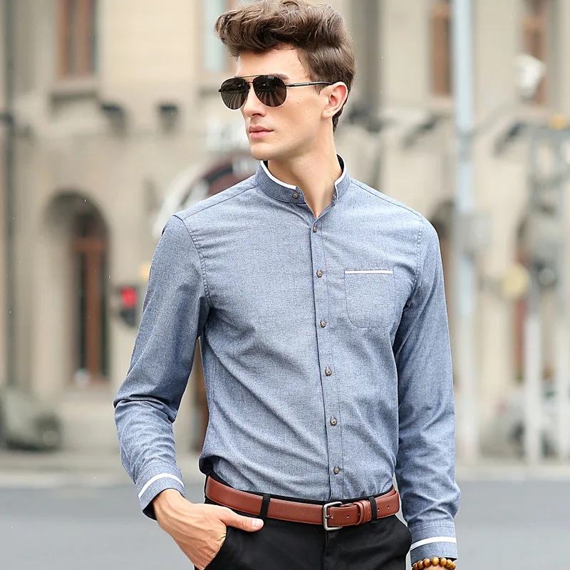 Men\'s standing collar long sleeved shirt Solid Oxford spun slim fitting Korean version Business casual men\'s top shirt