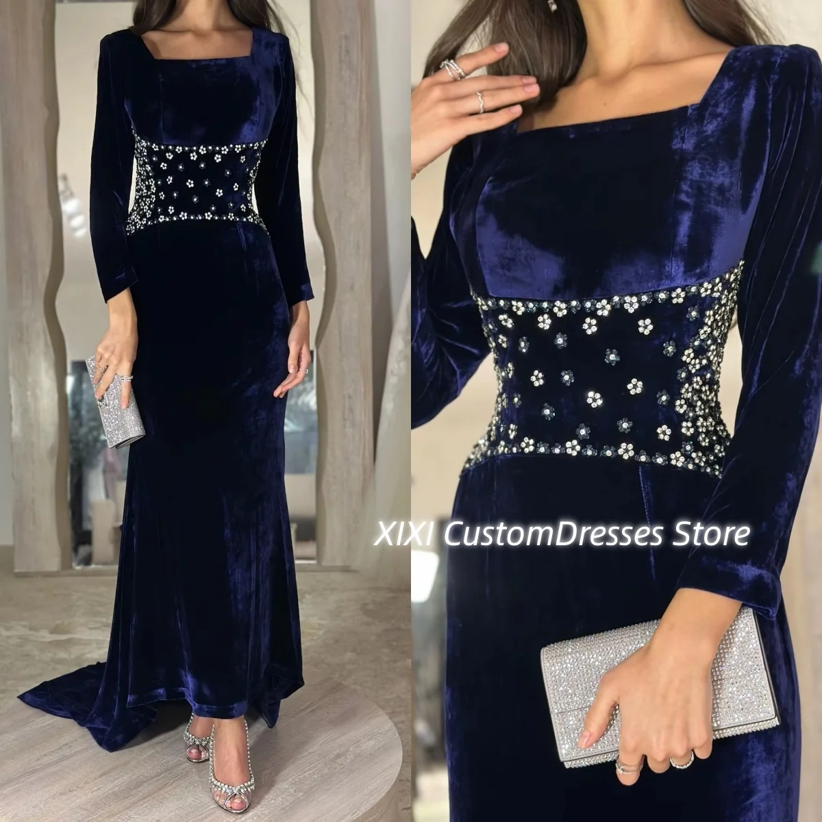 

فساتين سهرات Customize Square Neckline Mermaid Floor-Length Beadings Women'S Evening Dresses Zipper Up Long Sleeves Formal Occas