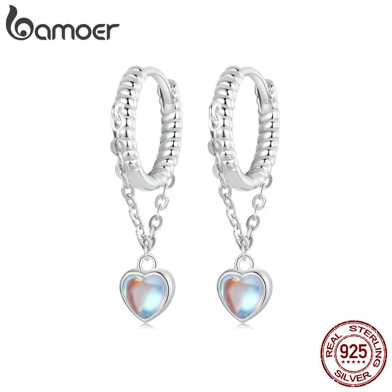 BAMOER White Gold Plated Huggie Earrings Heart Moonstone Drop Earrings, Women 925 Sterling Silver Hypoallergenic CZ Earrings