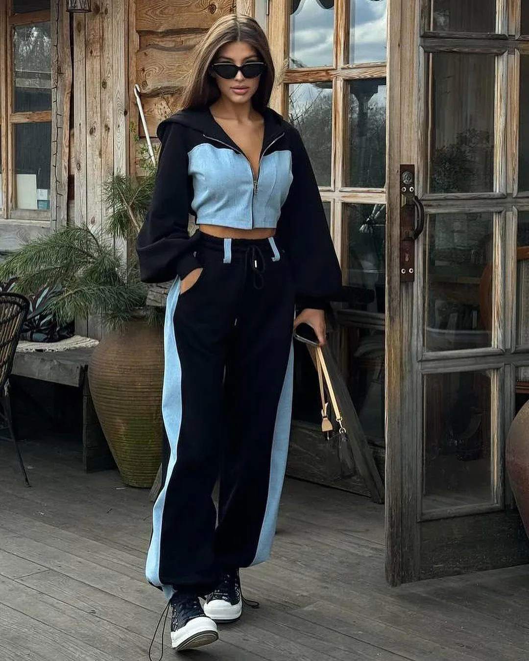

Women's 2 Piece Tracksuit Hooded Puff Sleeve Top With Denim Panel Wide Leg Pants Set Casual Streetwear Outfit For Daily Wear