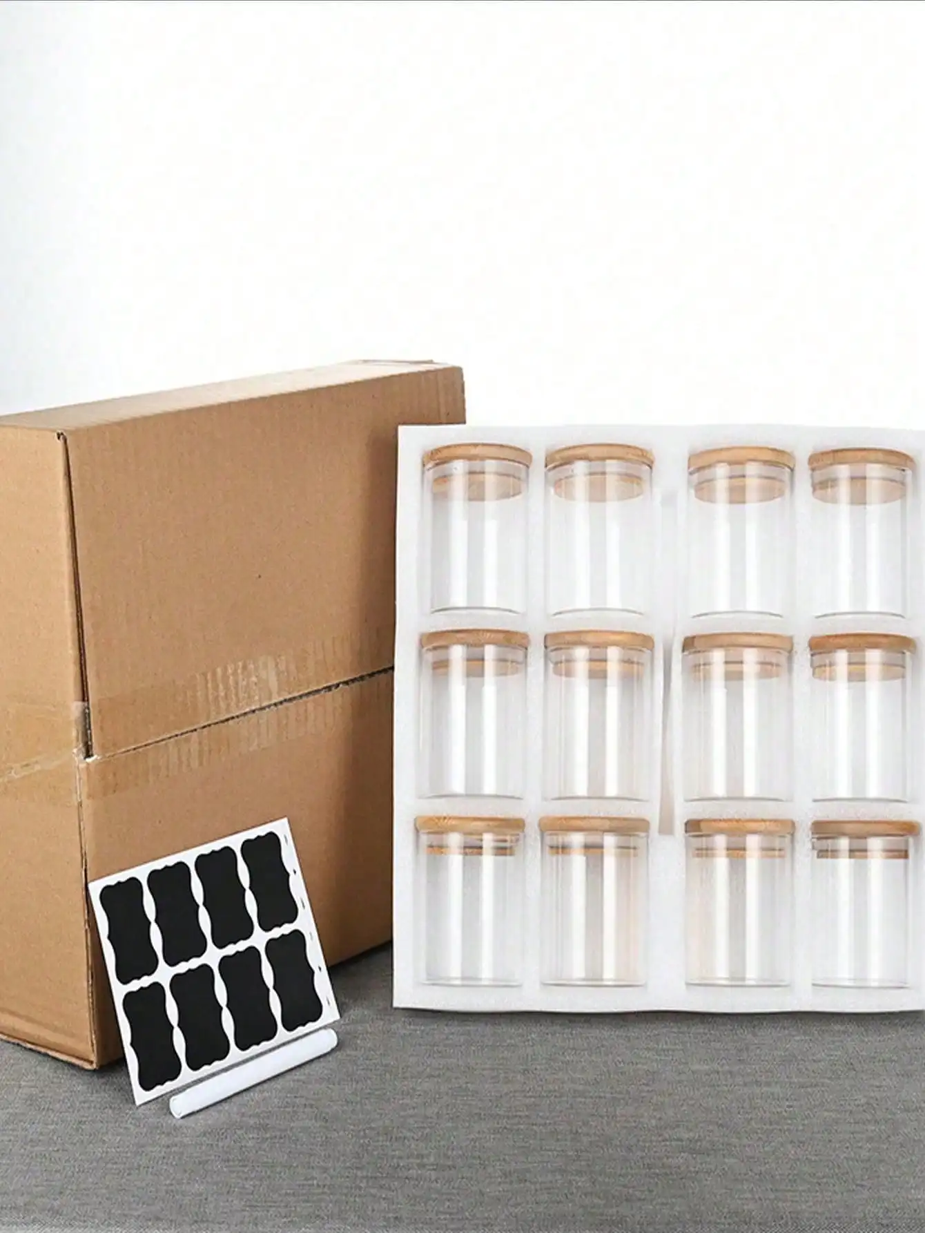 (12 برطمانًا + 16 ملصقًا) مجموعة برطمان توابل زجاجي بغطاء من الخيزران - تخزين مختوم للحبوب والشاي والقهوة ومستلزمات المطبخ