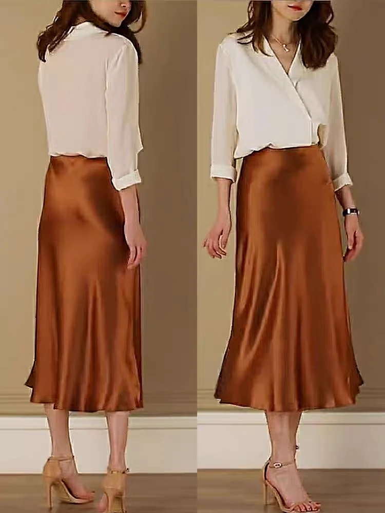 

Elegant Mid-Length A-Line Skirt for Women High Waist Satin Three-acetate Fabric Skirt with Flared Hemline Comfortable Elastic...