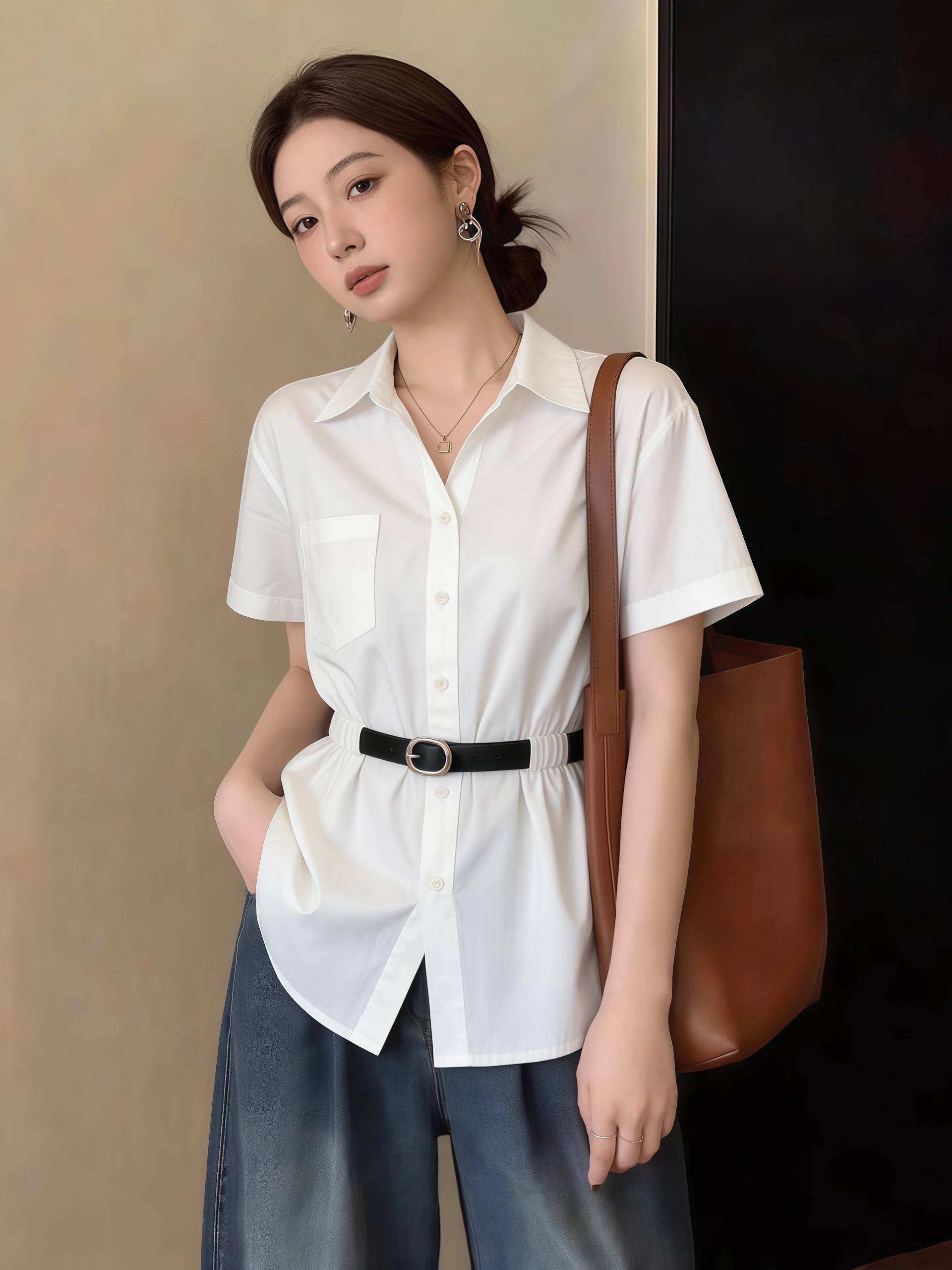 

Women's V-Neck Short Sleeve Shirt Design Sense White Spring Summer New Large Size Fat MM Belt Waist Inward Top Korean Style
