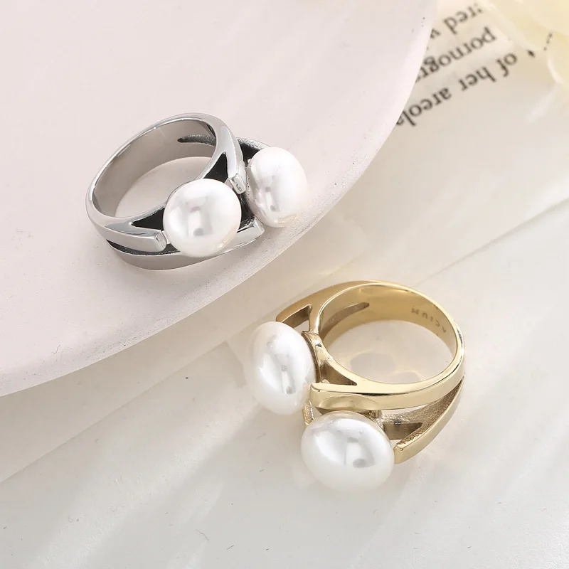 Elegant Shell Simulated Pearl Rings for Women Girl Gold Silver Color Stainless Steel Ring Wedding Party Luxury Fine Jewelry Gift