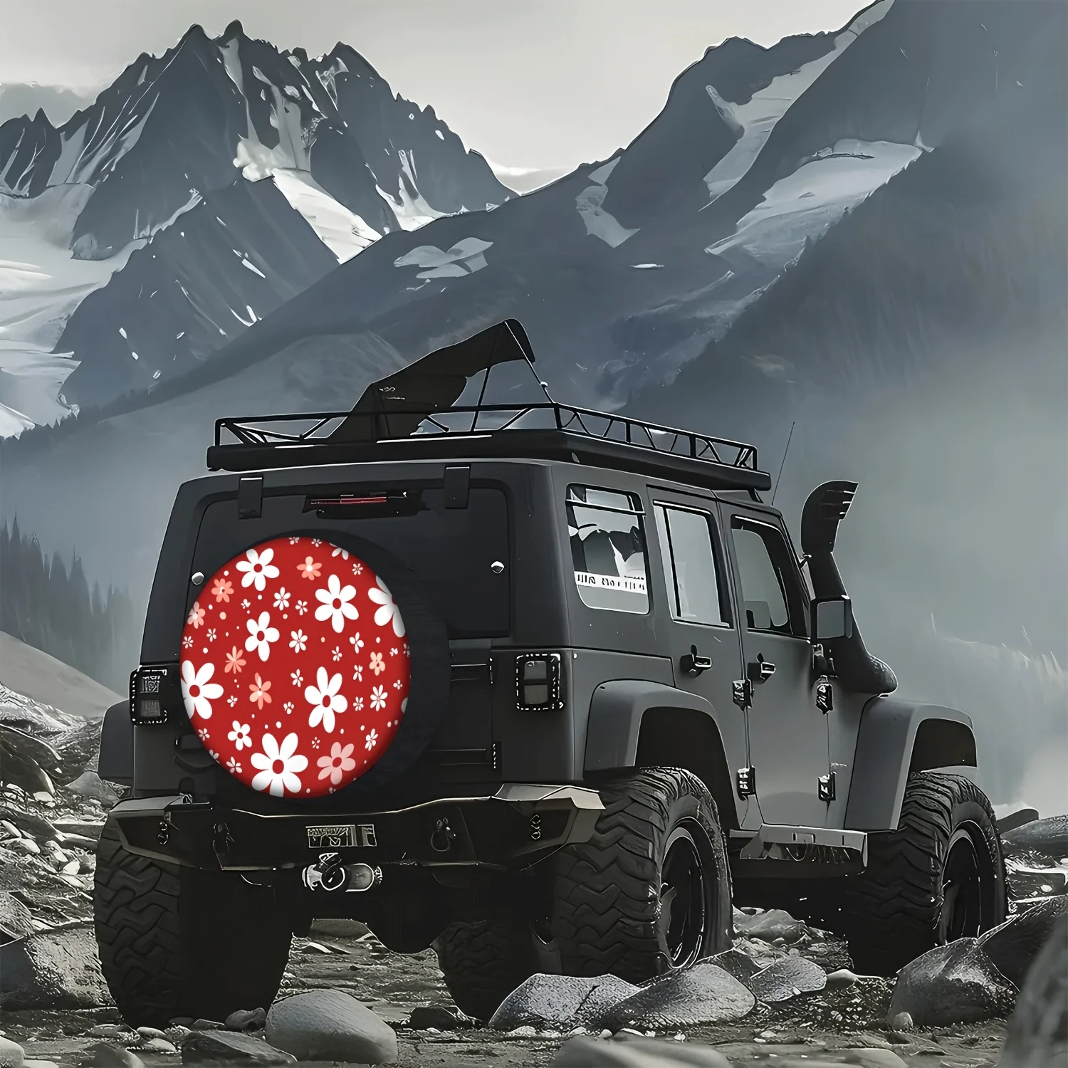 Floral Print Tire Cover Red White Daisy Spare Wheel Protector Durable Polyester Fit SUV