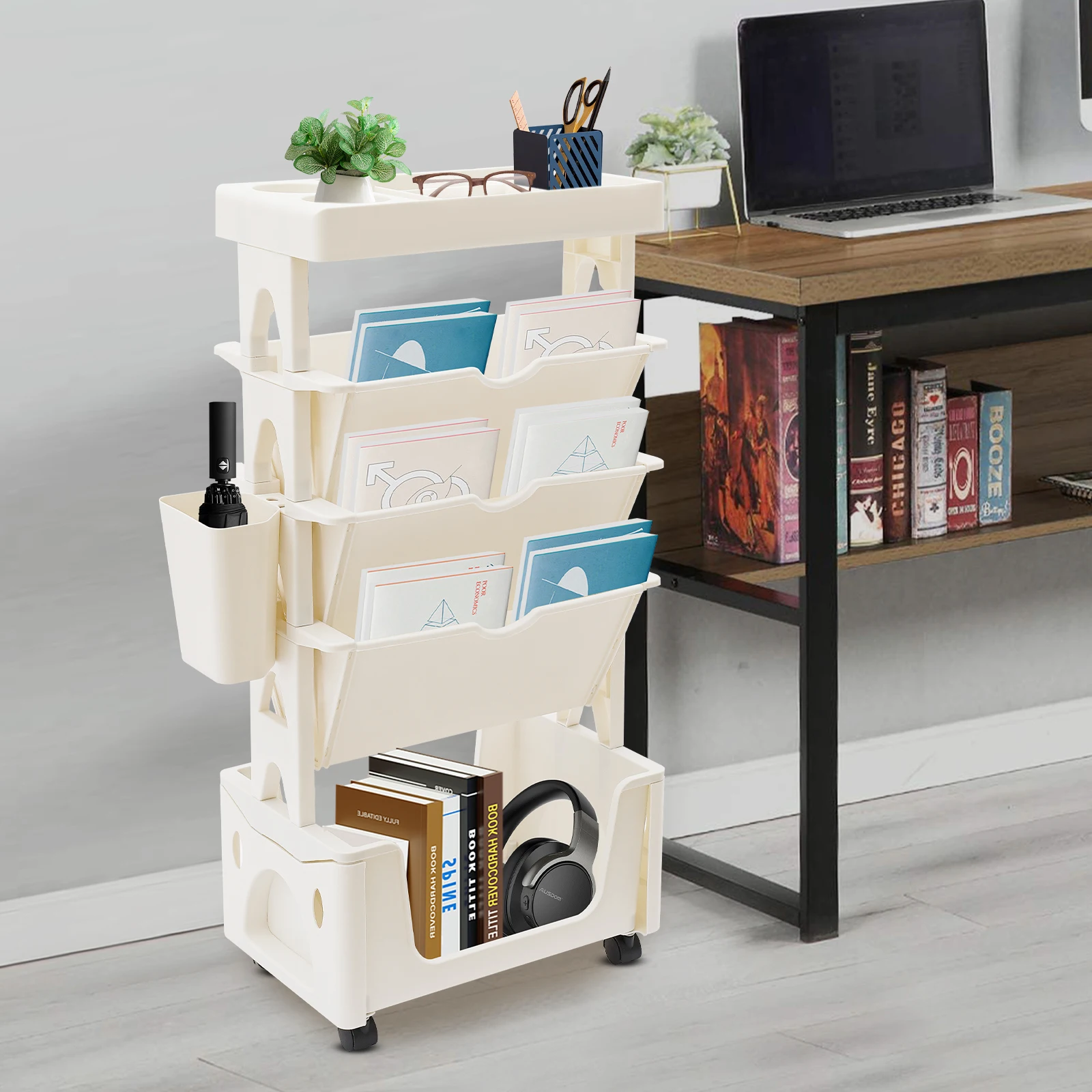 5-storey Book Rack, Moulding Storage Bookshelf, Movable Unique Bookcase 2 with Brakes Freestanding Creamy White