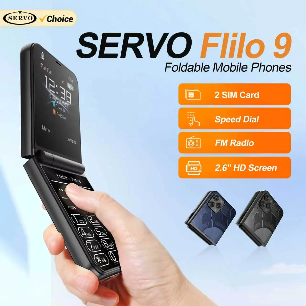 SERVO Flilo9 Foldable Mobile Phone 3G WCDMA Call Recording Speed Dial FM Radio Blacklist Torch Flip Cellphones Dual SIM Standby