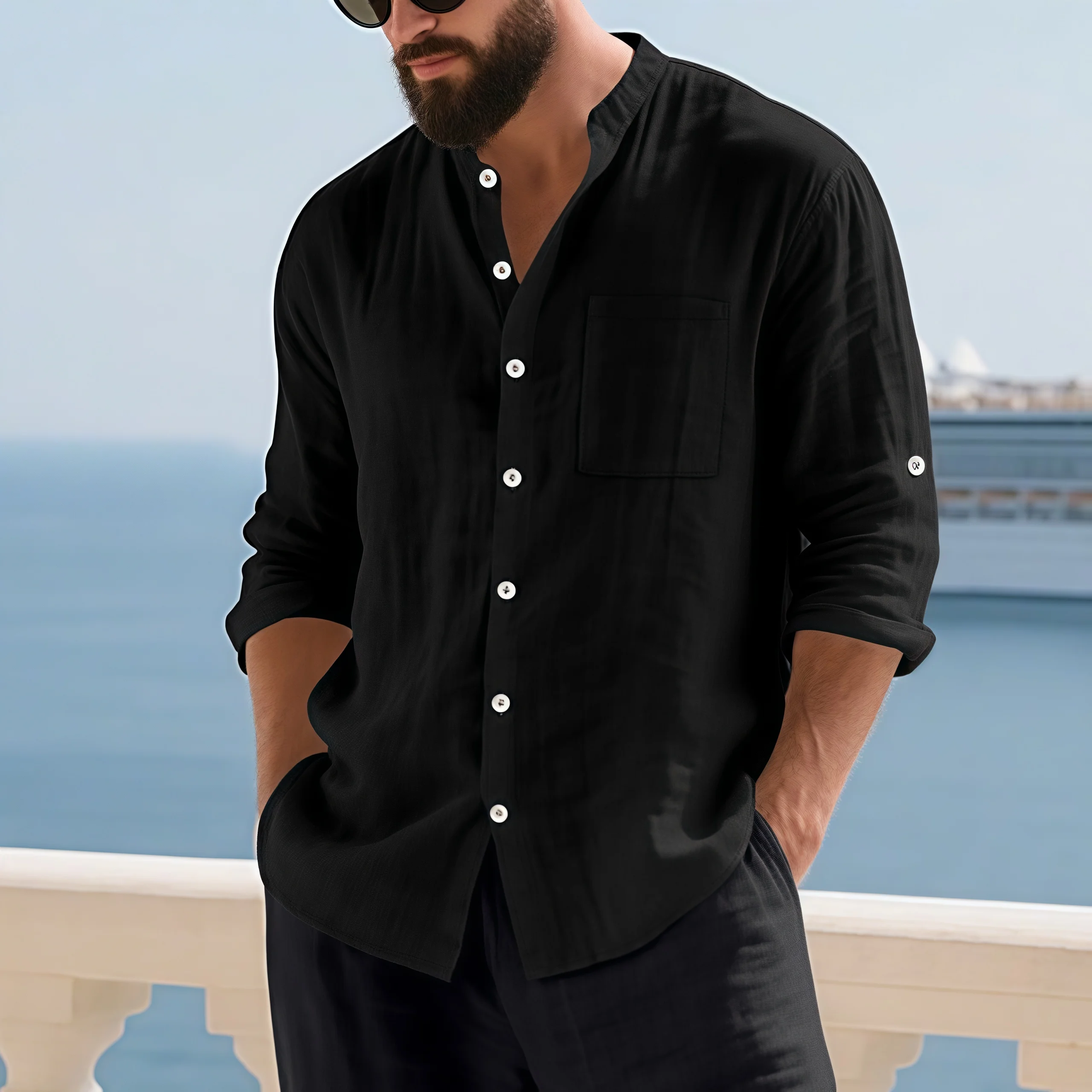 Men White Linen Button Down Long Sleeve Shirt Mandarin Collar Chest Pocket Roll Tab Cuff Loose Oversized Breathable Textured Beach Vacation Casual Holiday Top