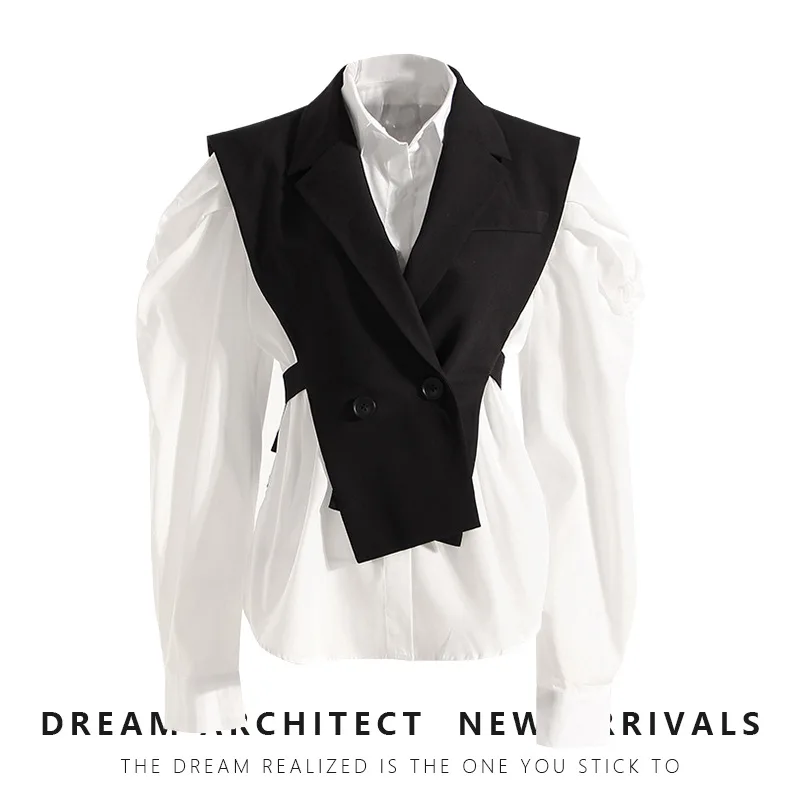 2025 Spring New Korean Style Temperament Suit Slimming Puff Sleeve White Shirt Waist Strap Vest Two-piece Suit