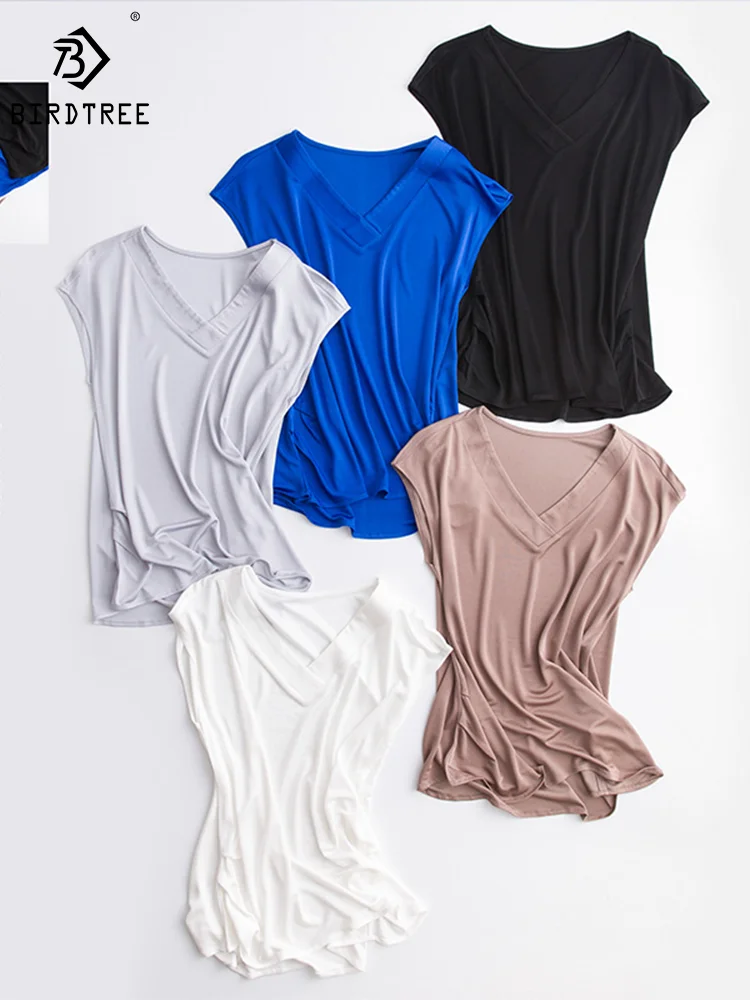 Birdtree Natural 23% Jedwab Damskie Bluzki Dekolt V Krótki Rękaw T-shirty Jednolity Kolor Kamizelka Top Letni Nowy T37816QM