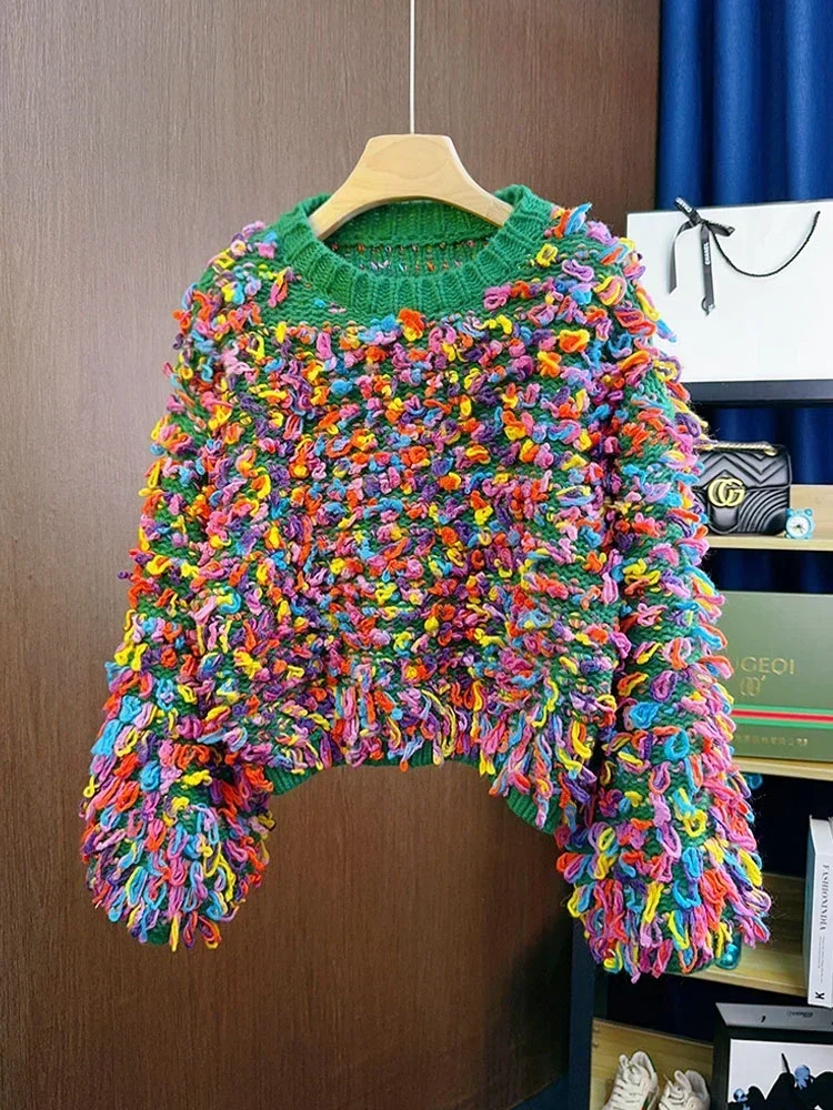 Kolorowy sweter damski z frędzlami, gruby, ręcznie robiony z tęczowej włóczki, dzianinowy pulower, sweter, odzież jesienno-zimowa