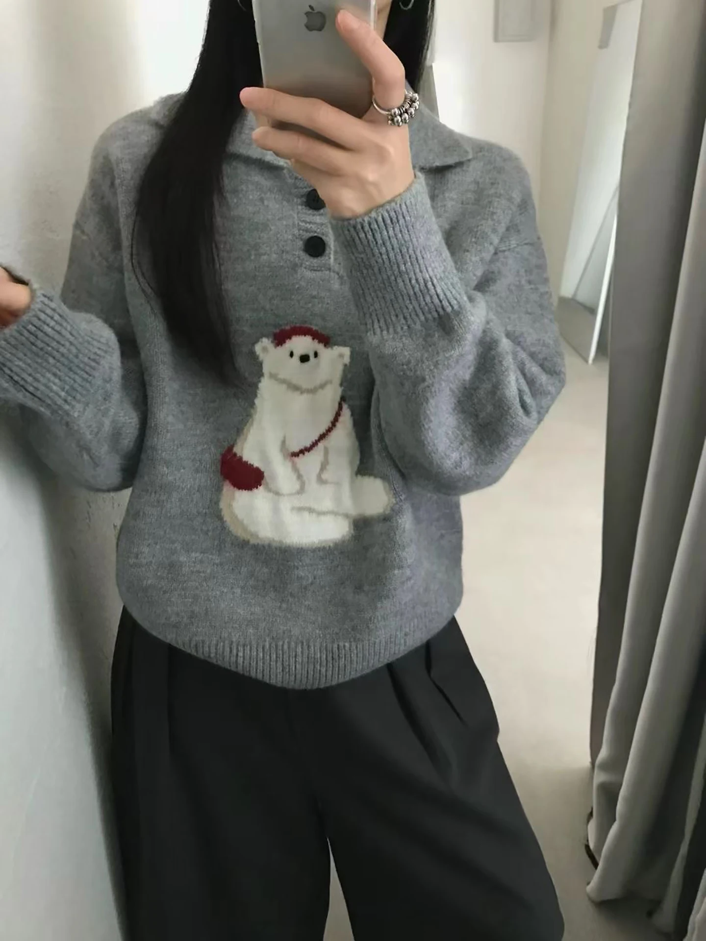 Suéter de punto holgado y acogedor para mujer, suéter de punto suave y acogedor con patrón de oso Bapa coreano, Top de otoño e invierno