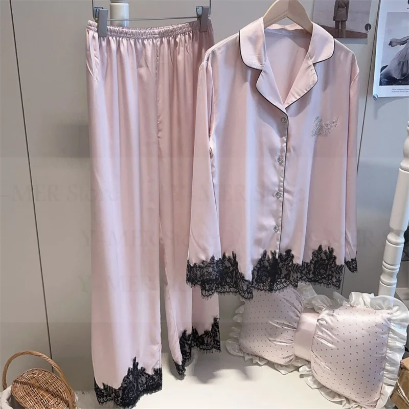 

French Style Luxury Sleepwear Women Solid Pajamas Suit Rhinestone Swan Top Pants Long Sleeve Lace Trousers Set 2Pcs Loungewear