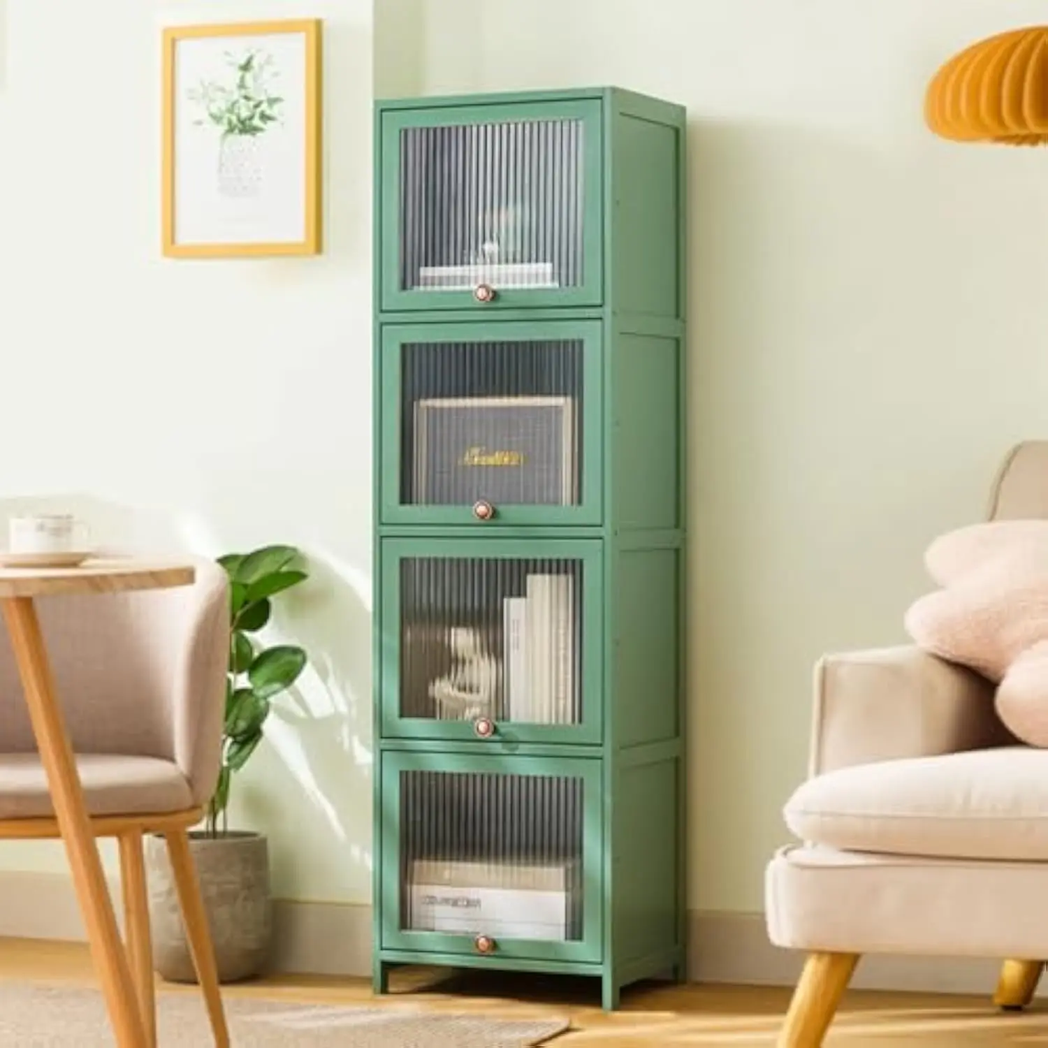 

Bookcase with Clear Doors, 4-Tier Tall Bookshelf with Storage Cabinet, Bamboo Book Shelf and 4 Cube Organizer Book Case for Liv