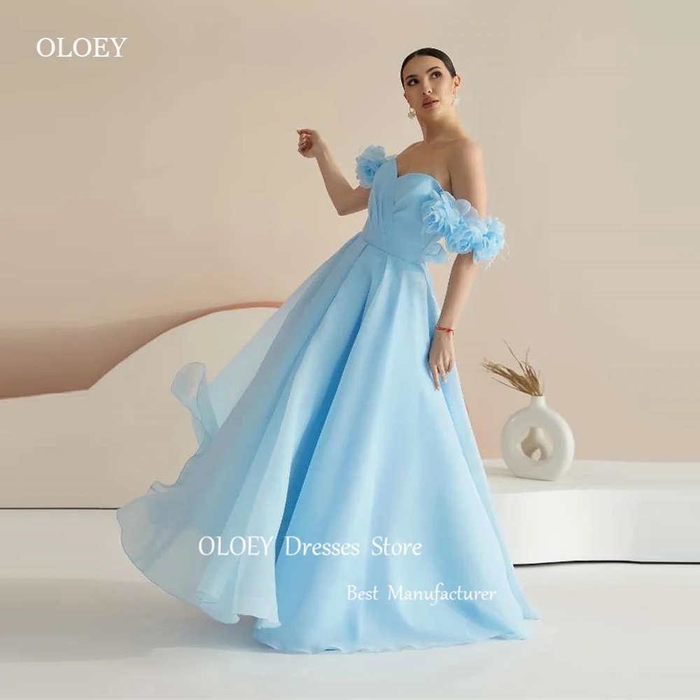 

OLOEY Light Blue A Line Evening Dresses Long Off Shoulder Short Sleeves Prom Gowns Formal Party Dress Long Vestidos