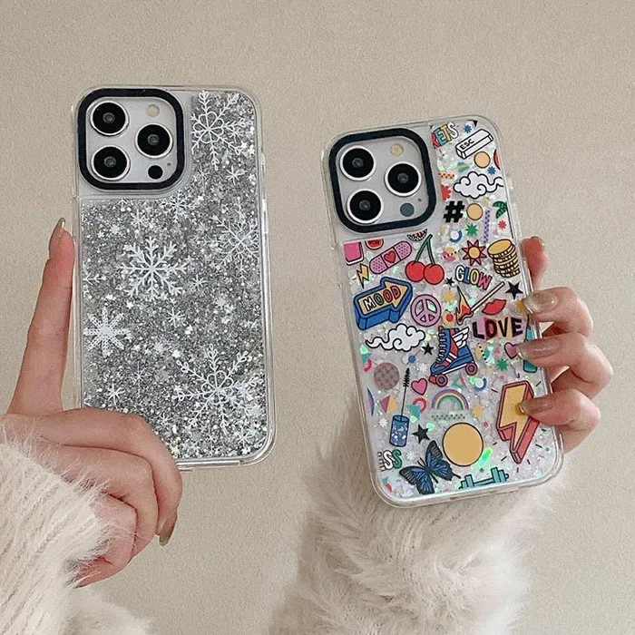 

Shining Snowflakes Transparent Border Silver Quicksand Phone Case Cover for IPhone 12 13 14 15 Pro Max Case for IPhone 15 Pro