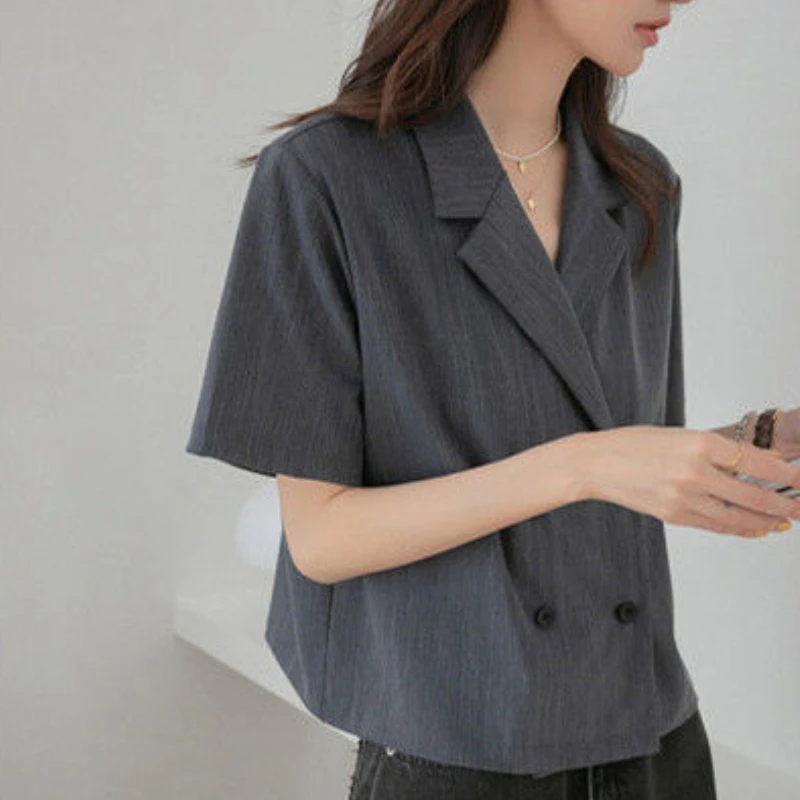 

Basic Jackets Women Elegant Vintage Solid Fashion Korean Style Summer Classical Double Breasted Short Sleeve Simple Office Lady