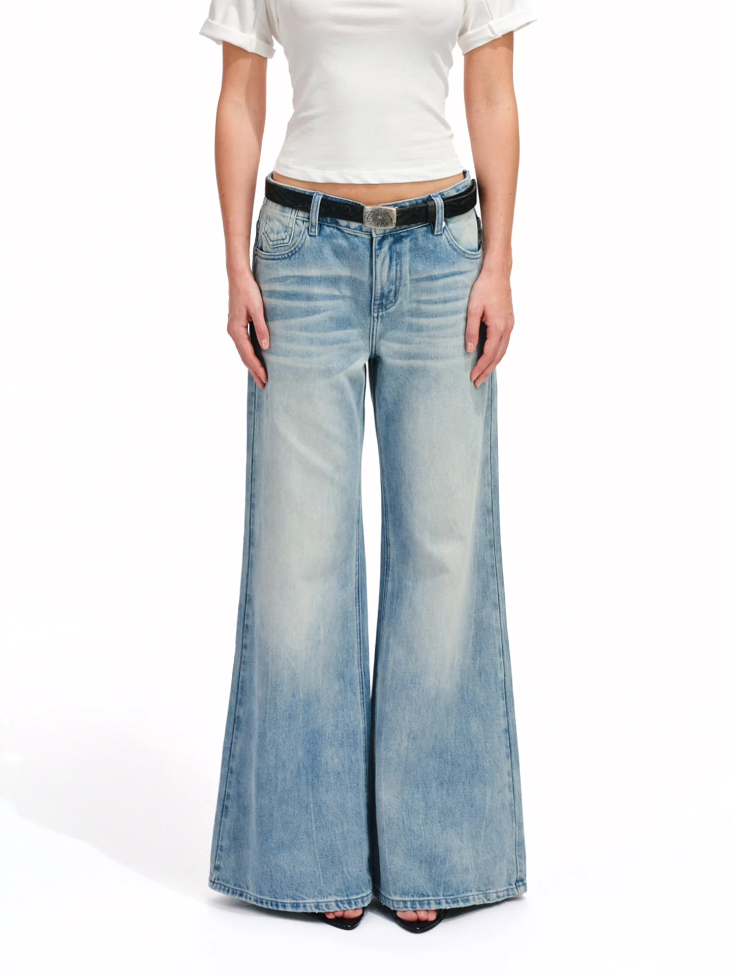 

Low Waist Bell Bottom Jeans Light Blue Washed Casual Cotton Denim Pants for Women Spring Season Comfortable Breathable