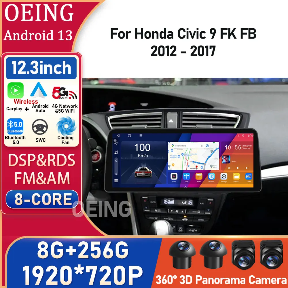 

12.3inch Android QLED For Honda Civic 9 FK FB 2012 - 2017 Car Radio Multimedia Video Player GPS Navigation No 2din 2 Din DVD TV