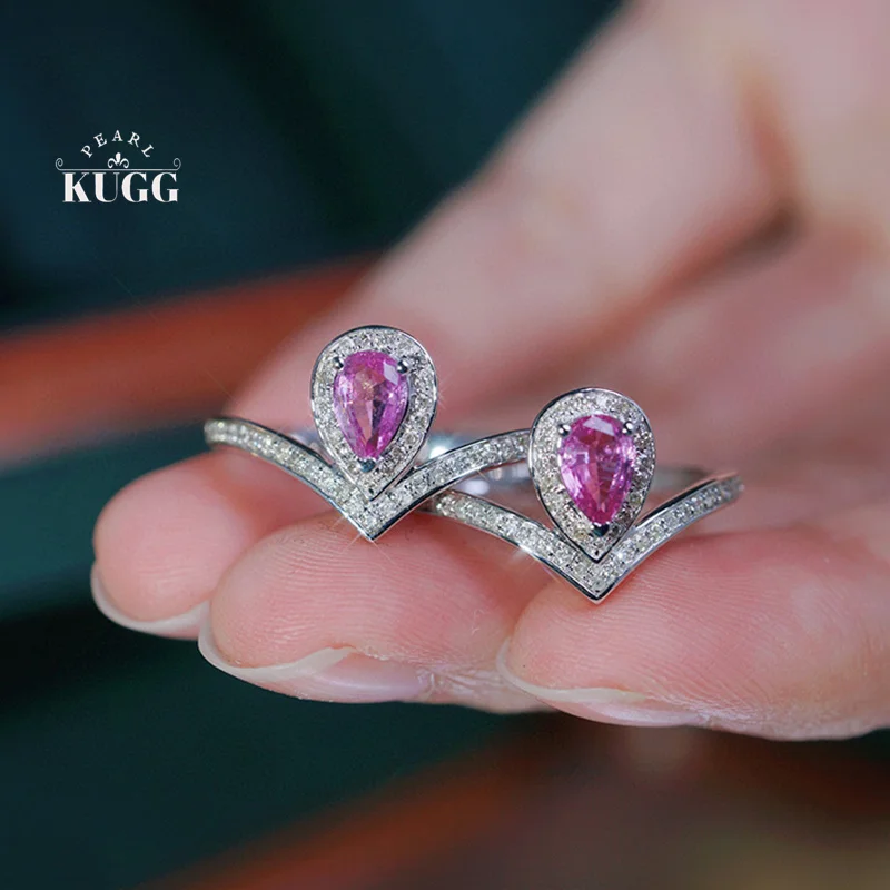 KUGG 100% 18K White Gold Rings Shiny Diamond Natural Pink Sapphire Ring for Women Romantic V-Shape Design High Wedding Jewelry