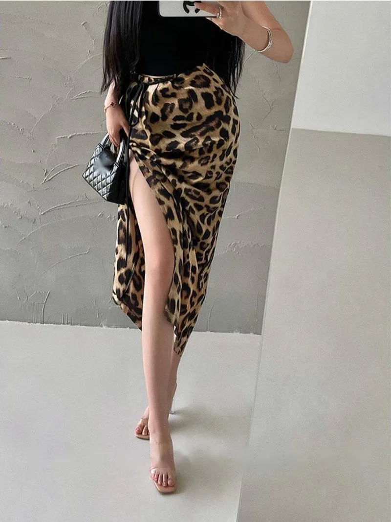 

Spicy Girl Style Fashionable Sexy Leopard Print High Waist Slim Drawstring Pleated Split Skirt Long Skirt Fashion Women C469