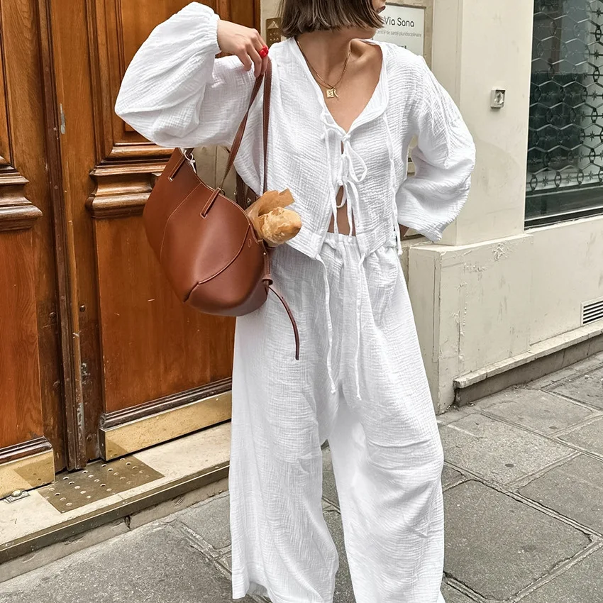 2024 Spring New Comfortable Soft White Fashionable Long Sleeved Pants Pure Cotton Pajama Set Home Furnishing For Women