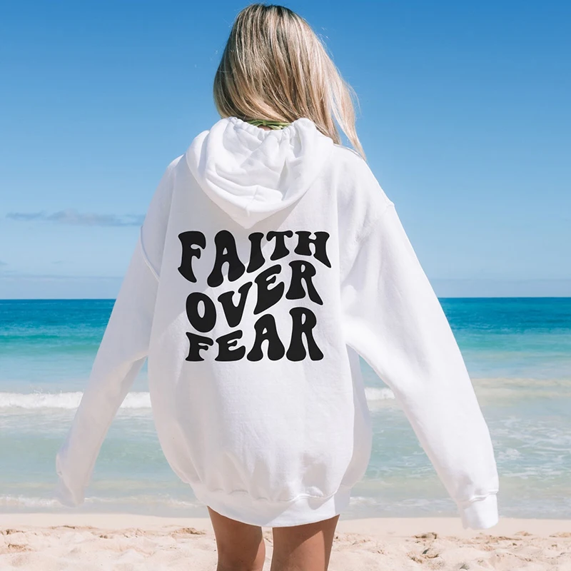 Faith Over Fear Printed Hoodies Casual Fashion Womens Pullovers Fleece Warm Pocket Sweatshirt Sporty Oversize Street Clothes