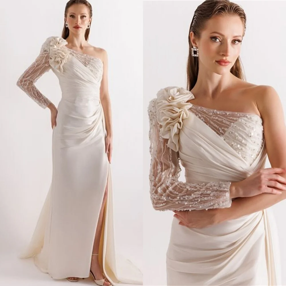 

Customized Graceful Ivory Satin Evening Dress High Quality One Shoulder Long Sleeves Zipper Back Side Slit Homecoming Dress