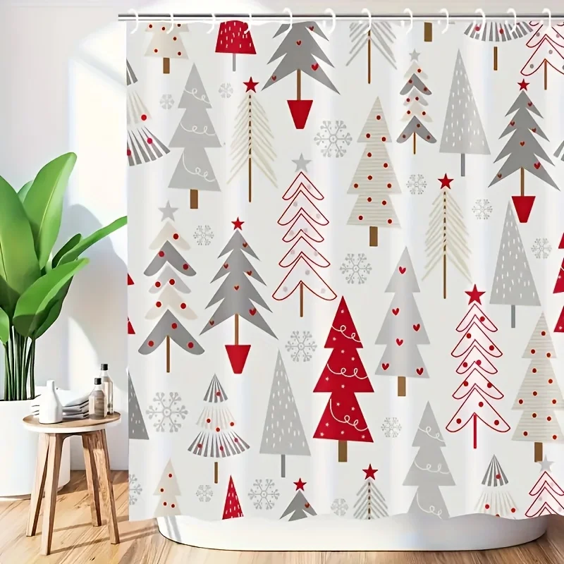 1pc Minimalist Cartoon Style Shower Curtain, Featuring Christmas Elements Like Christmas Trees, Snowflakes, And Stars, Perfect f