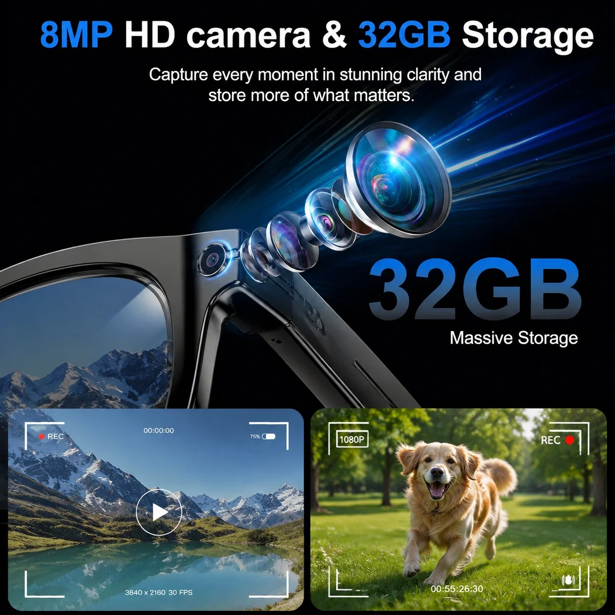 New Business Travle Vlog Smart Glasses Men Women 800W Pixel HD Anti-shake Camera Video Recording Translation AI Chat 32GB Glasse
