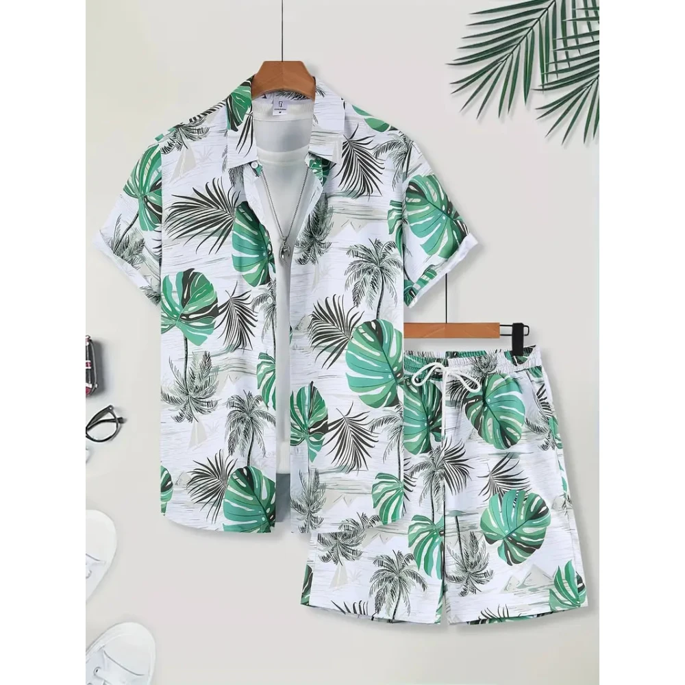 Hawaiian Men's Short Sleeve Seaside Irregular Design Pattern Print Summer Fashion Button-Down Shirt Tops Short Sleeve Shirt