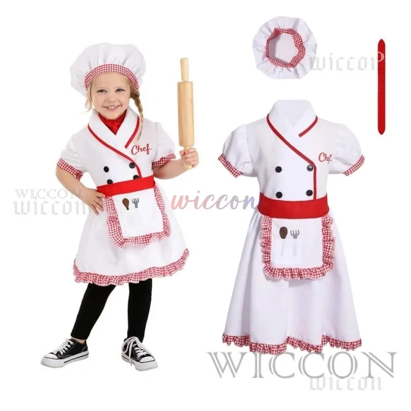 

Кухонная униформа для девочек и мальчиков, костюм шеф-повара на Хэллоуин, косплей, игровой наряд для дома, рубашка повара, платье, комплект фартуков