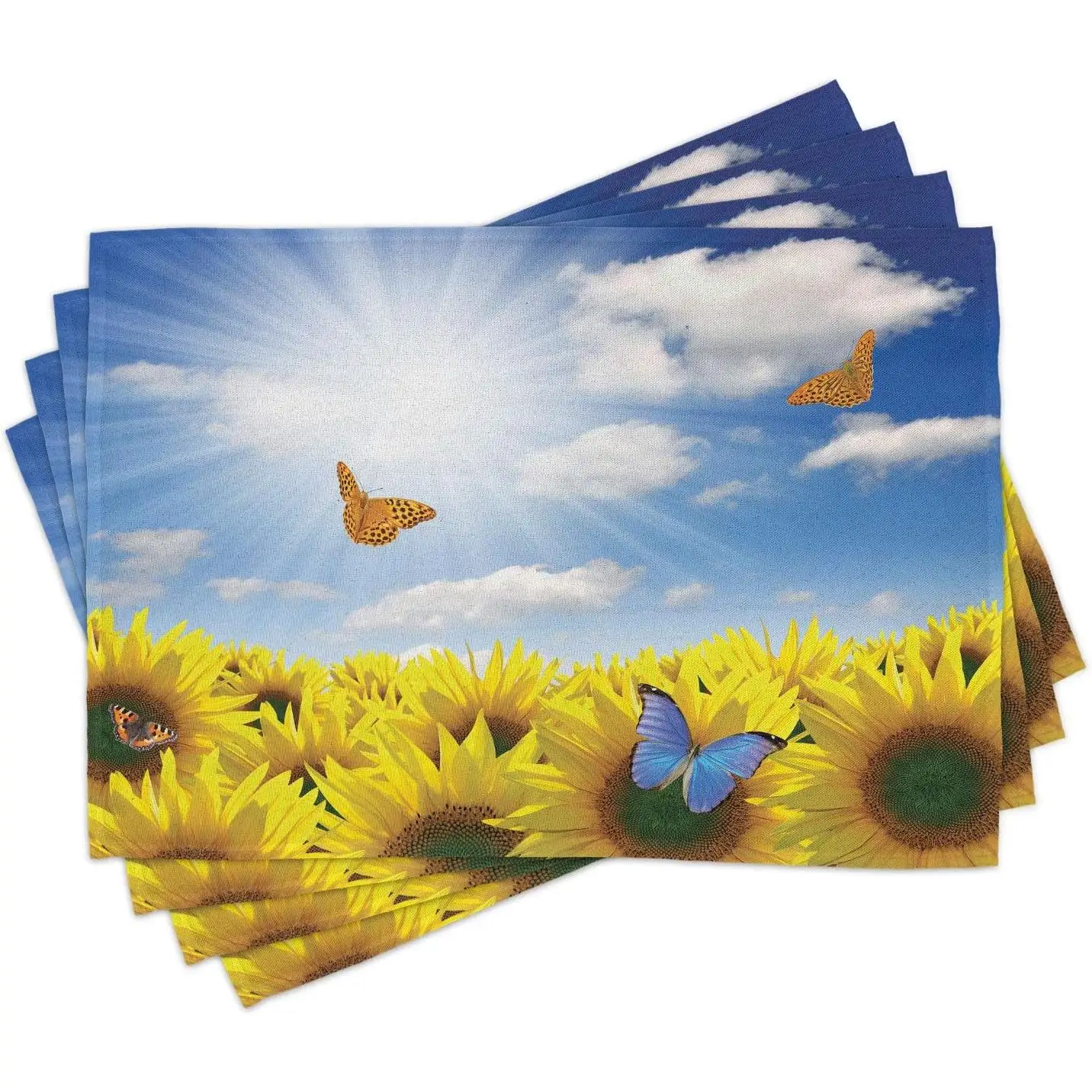 

Sunflower Place Mats Set of 4 Sunflowers in Meadow with Butterflies Floral Image Country Style Home Design Washable Fabric