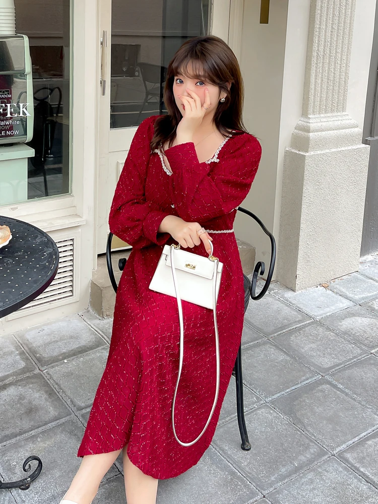 대형 XL-5XL 여성 프랑스어 v 넥 하이 웨스트 모조 진주 버튼 a 라인 블랙 드레스 긴 소매 봄 가을 레드 드레스