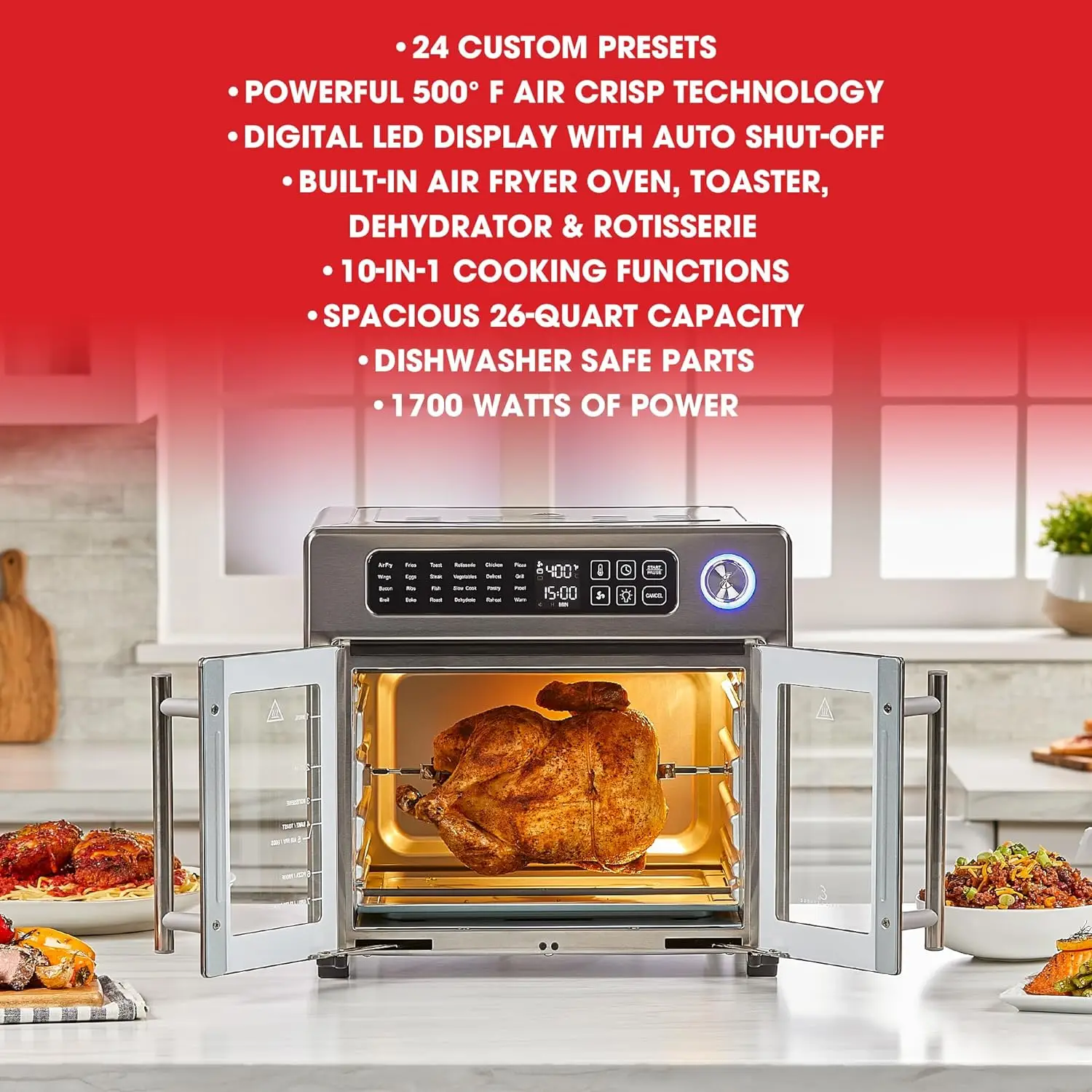 Emeril Lagasse 26 Qt Extra Grote Lucht Friteuse, Convectie Broodrooster Oven Met Franse Deuren, Roestvrij Staal