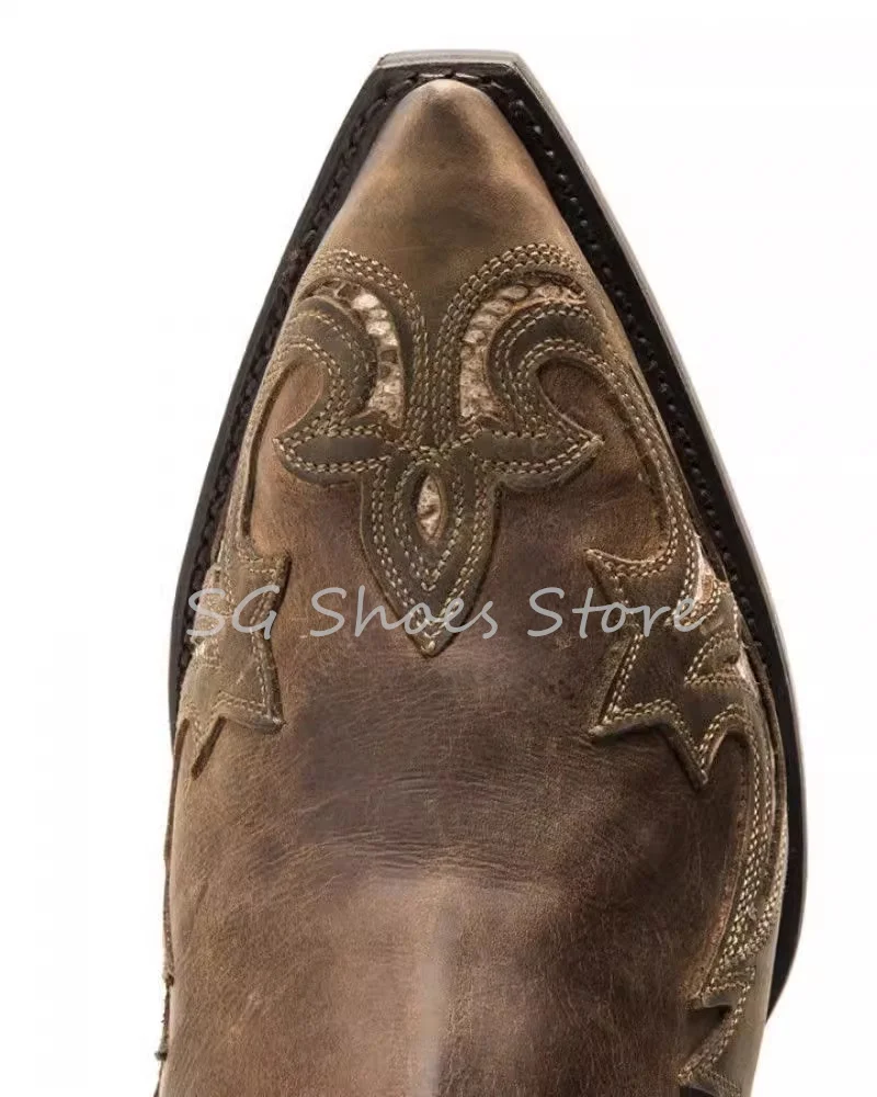 Retro Embroidery Western Cowboys Boots for Men Pointed Toe Wedges Buckle Strap Chelsea Boots Male Dress Shoes Motorcycle Boots image 5