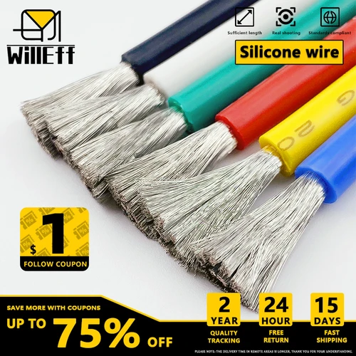 Cable de silicona de 1/5/10/20m, hebra estañada, coche eléctrico Flexible, rojo, azul, 8AWG, 10AWG, 12AWG, 14AWG, 16AWG, 18AWG, 20AWG