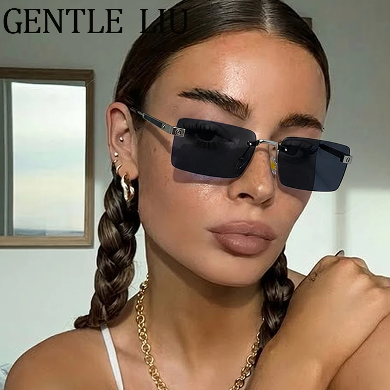 

Y2K Punk Small Rectangle Rimless Sunglasses Women Luxury Brand Designer Square Metal Frame Sun Glasses For Ladies Shades Eyewear