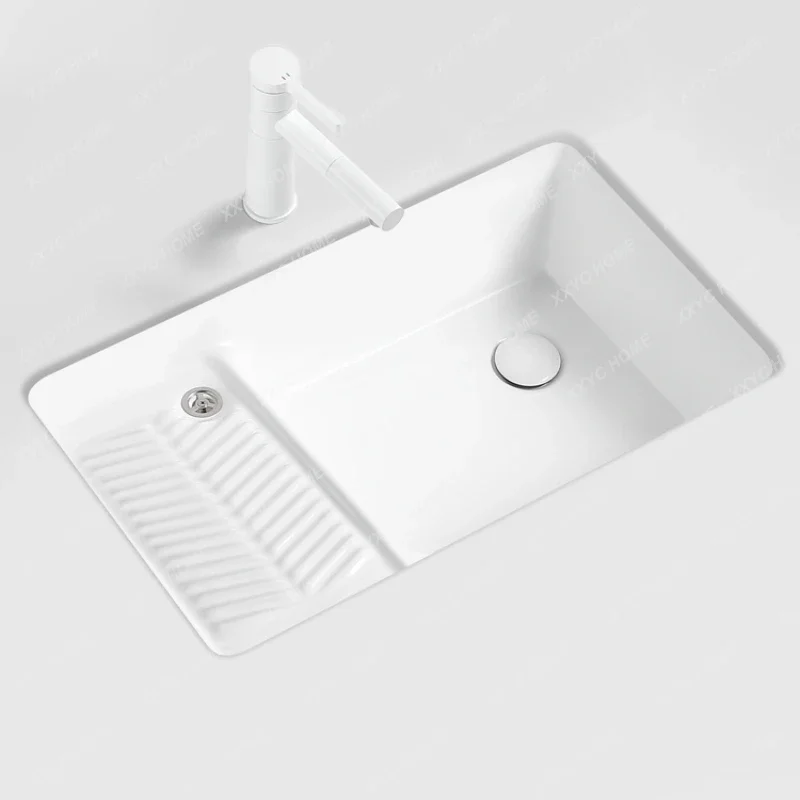 Balcony Laundry Basin Drop-in Sink with Washboard Household Wash Basin Single Basin Ceramic Embedded Deepening Laundry Tub Slot